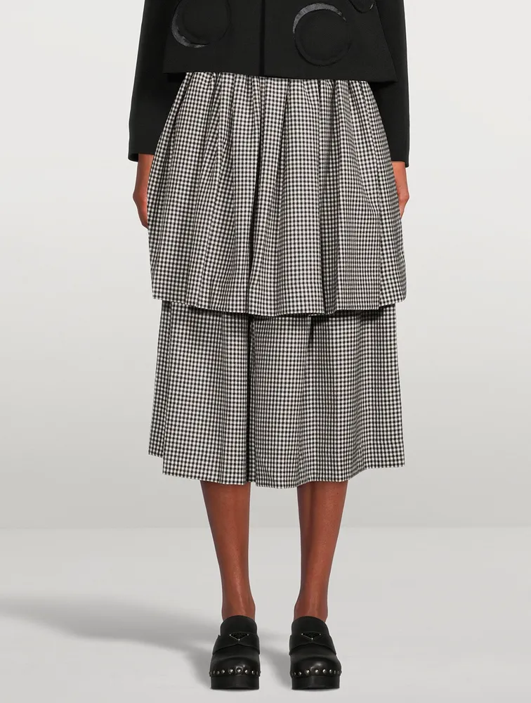 Layered Wool Midi Skirt Gingham Print