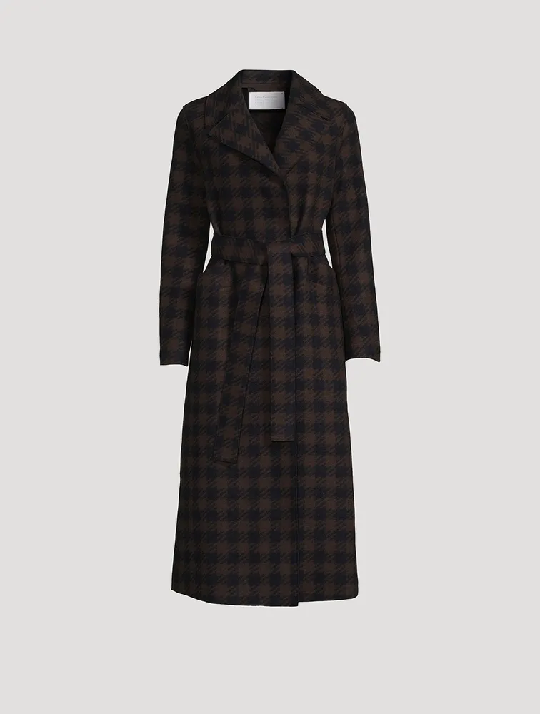 Wool-Blend Long Wrap Coat Gingham Print