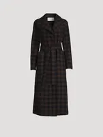 Wool-Blend Long Wrap Coat Gingham Print