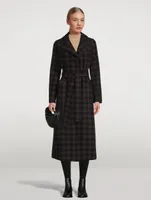 Wool-Blend Long Wrap Coat Gingham Print
