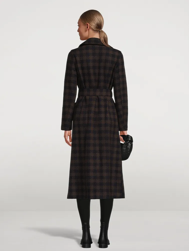Wool-Blend Long Wrap Coat Gingham Print