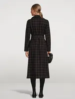 Wool-Blend Long Wrap Coat Gingham Print