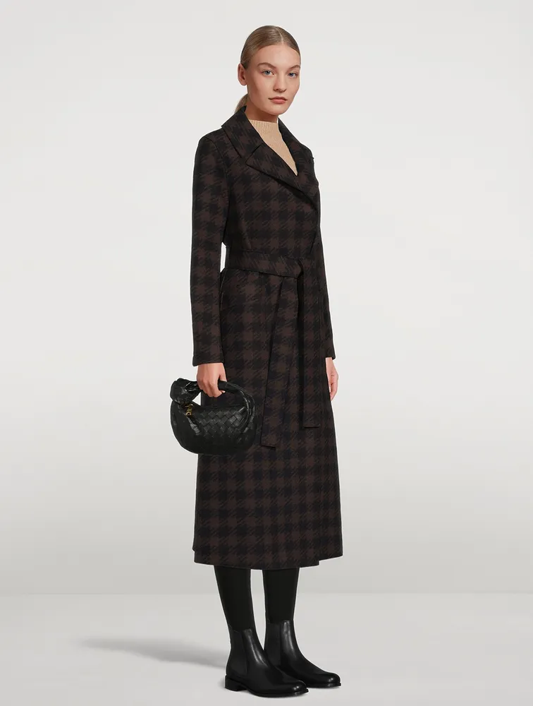 Wool-Blend Long Wrap Coat Gingham Print