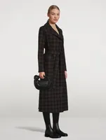Wool-Blend Long Wrap Coat Gingham Print