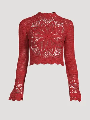 Astola Cotton Crochet Long-Sleeve Crop Top