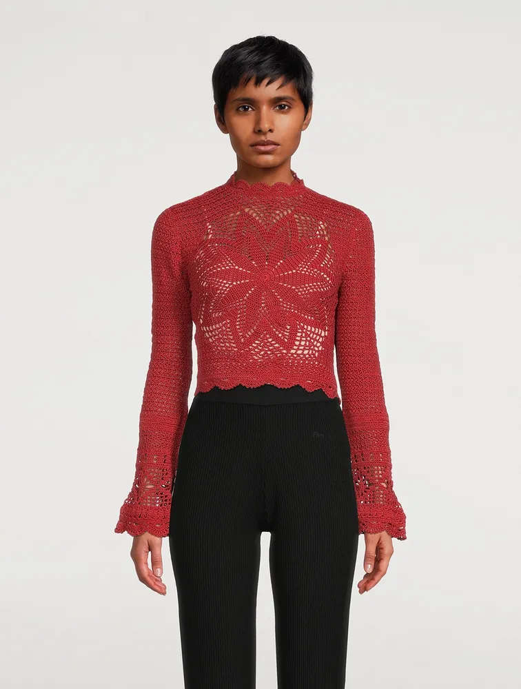 Astola Cotton Crochet Long-Sleeve Crop Top