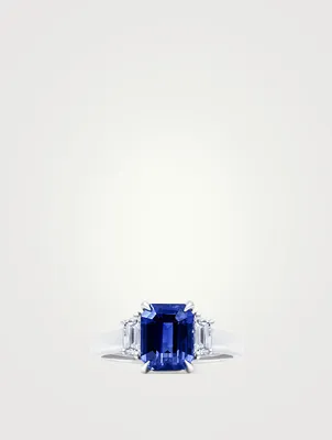 Platinum Emerald-Cut Ceylon Sapphire Ring With Diamonds