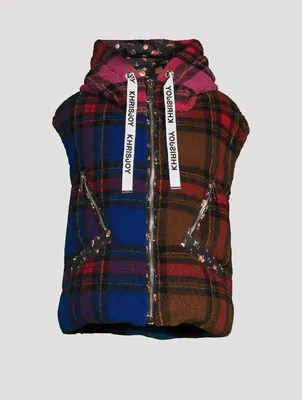 Pile Puffer Down Vest In Check Print