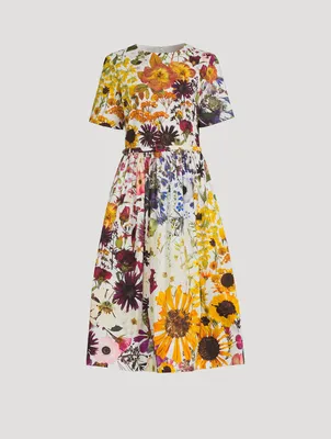 Belted Poplin Midi Dress Pressed Flower Print