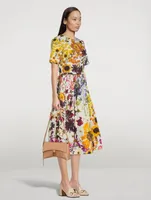 Belted Poplin Midi Dress Pressed Flower Print