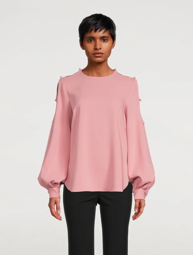 Silk Stretch Keyhole-Sleeve Blouse