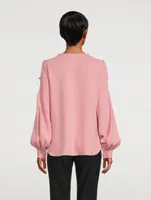 Silk Stretch Keyhole-Sleeve Blouse