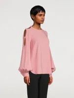 Silk Stretch Keyhole-Sleeve Blouse