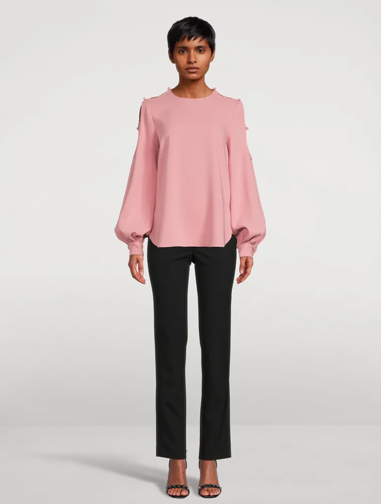 Silk Stretch Keyhole-Sleeve Blouse