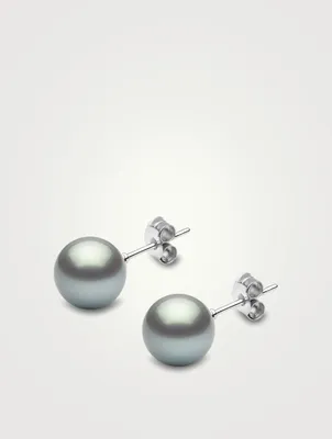 Classic 18K White Gold 9-10mm Silver Tahitian Pearl Earrings