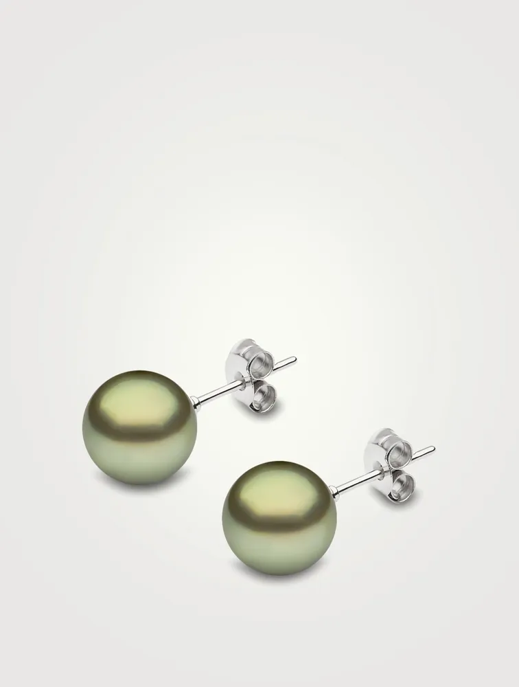 Classic 18K White Gold 9-10mm Treated Tahitian Pistachio Pearl Earrings