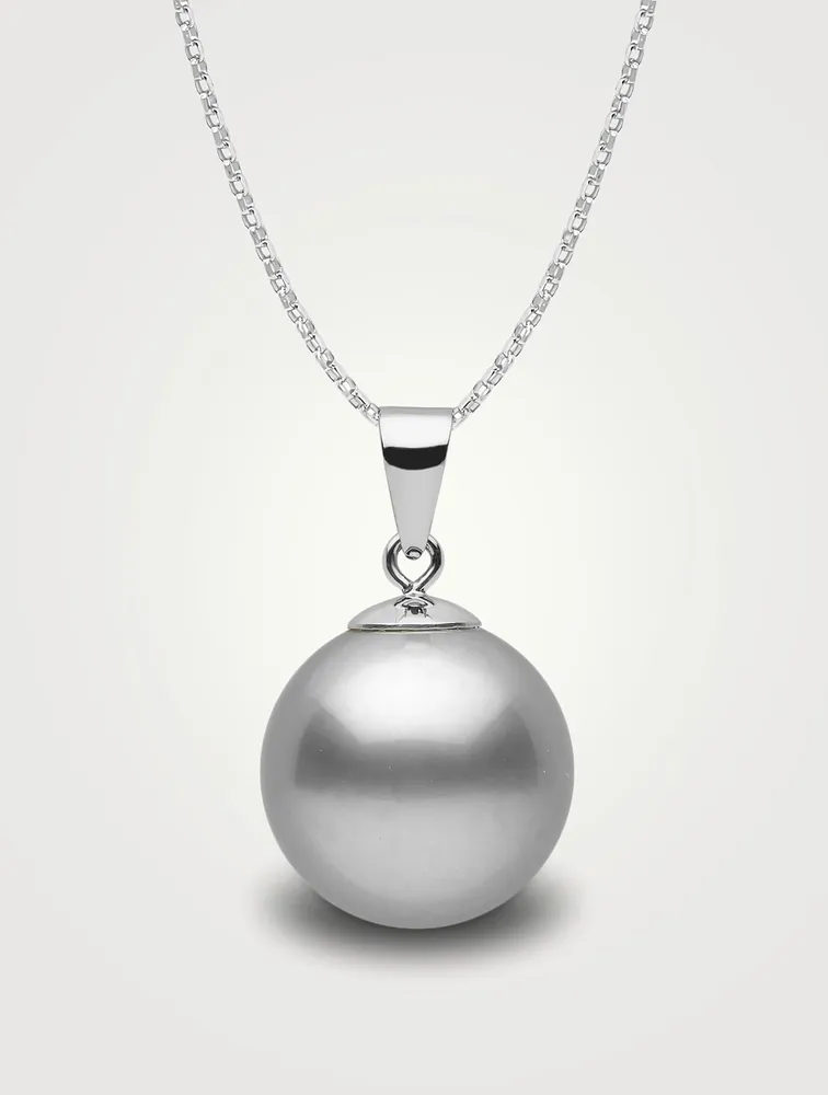 Classic 18K White Gold 9-10mm Silver Tahitian Pearl Pendant Necklace