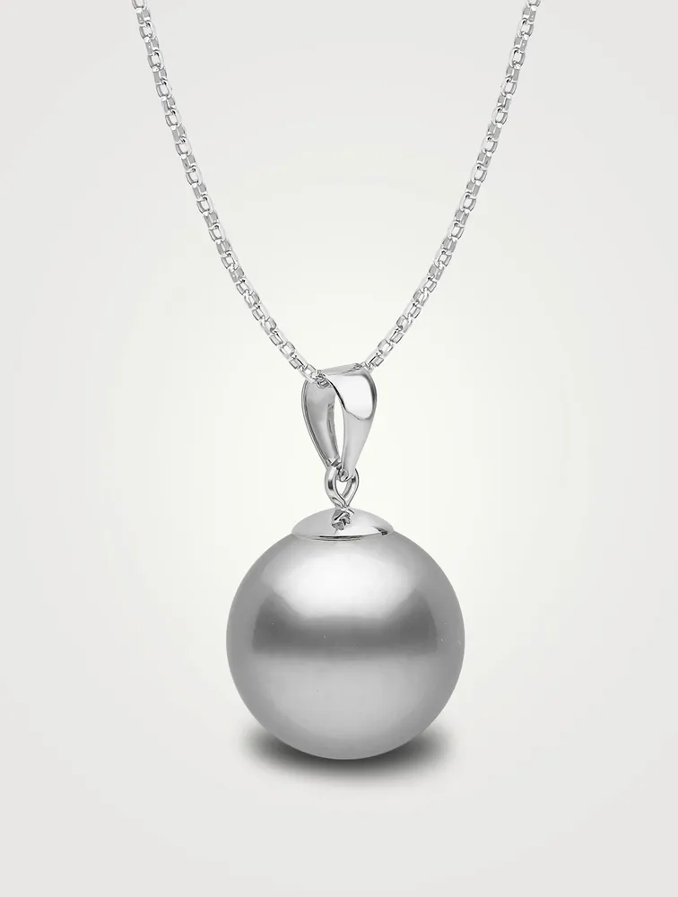 Classic 18K White Gold 9-10mm Silver Tahitian Pearl Pendant Necklace