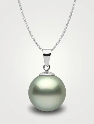 Classic 18K White Gold 9-10mm Treated Tahitian Pistachio Pearl Pendant Necklace