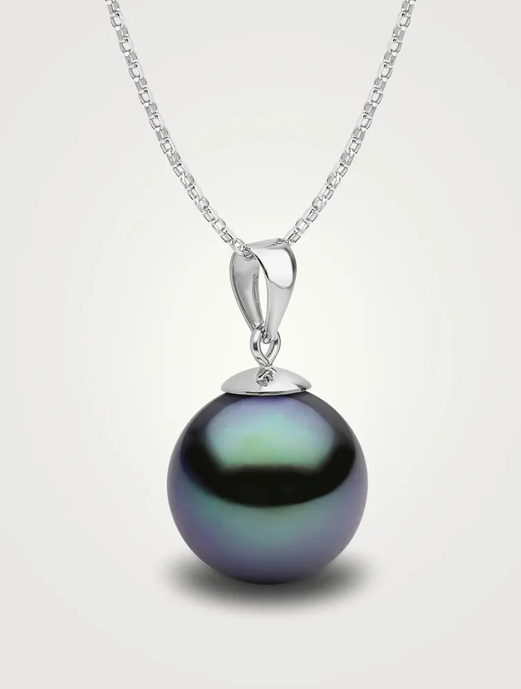 Classic 18K White Gold 9-10mm Black Tahitian Pearl Pendant Necklace