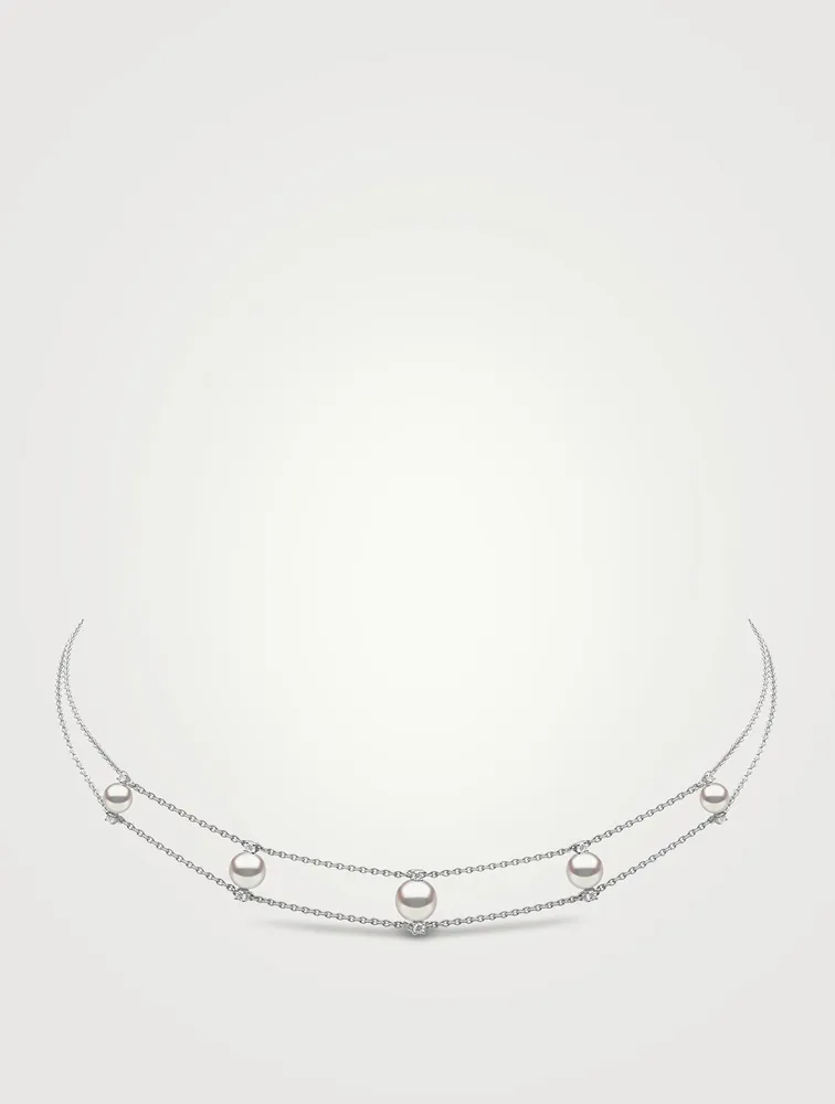 Trend 18K White Gold Pearl Choker Necklace With Pearls And Diamonds