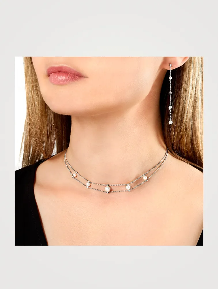 Trend 18K White Gold Pearl Choker Necklace With Pearls And Diamonds