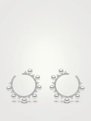 Sleek 18K White Gold Akoya Pearl Hoop Earrings With Diamonds
