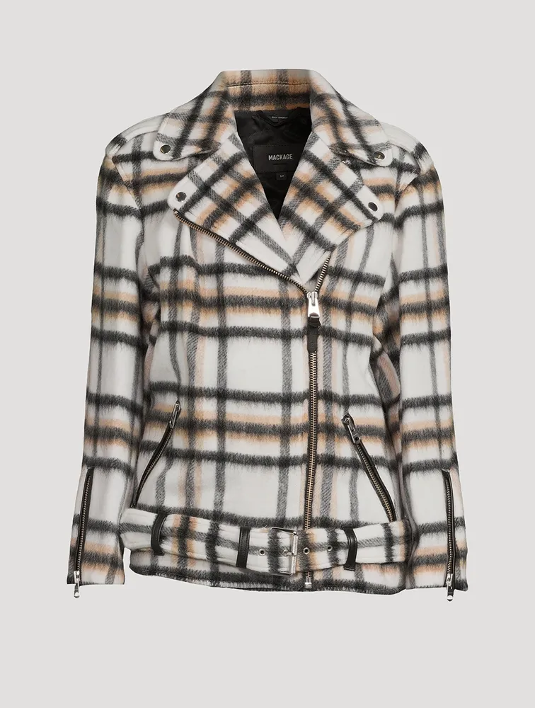 Wool And Mohair Belted Biker Jacket Plaid Print