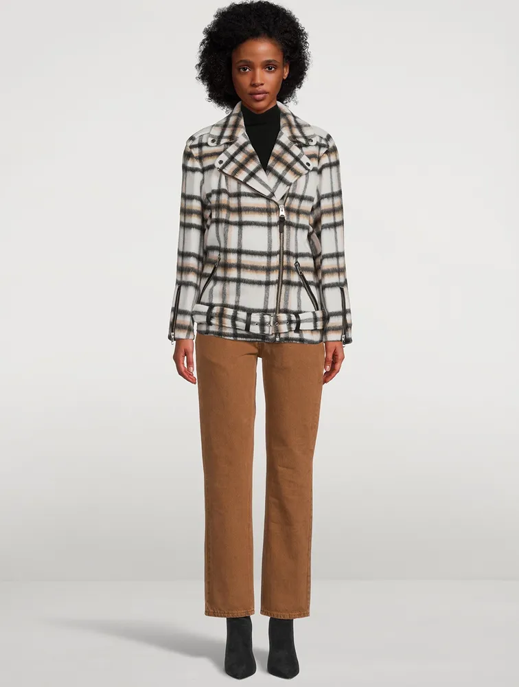 Wool And Mohair Belted Biker Jacket Plaid Print