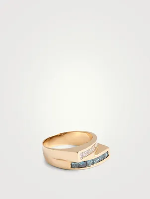 Estate 14K Gold Bypass Ring With White And Blue Diamonds