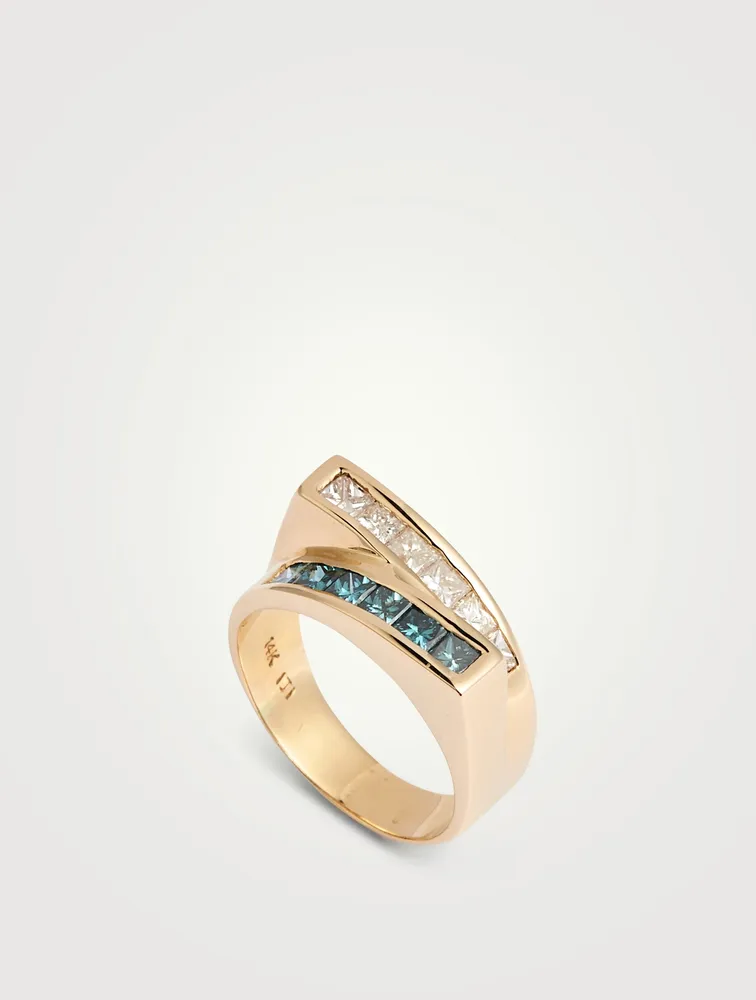 Estate 14K Gold Bypass Ring With White And Blue Diamonds