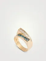 Estate 14K Gold Bypass Ring With White And Blue Diamonds