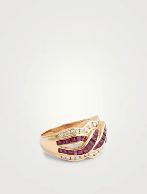 Vintage 18K Gold Braided Ring With Ruby And Diamonds