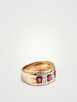 Vintage 14K Gold Wide Band Ring With Ruby And Diamonds