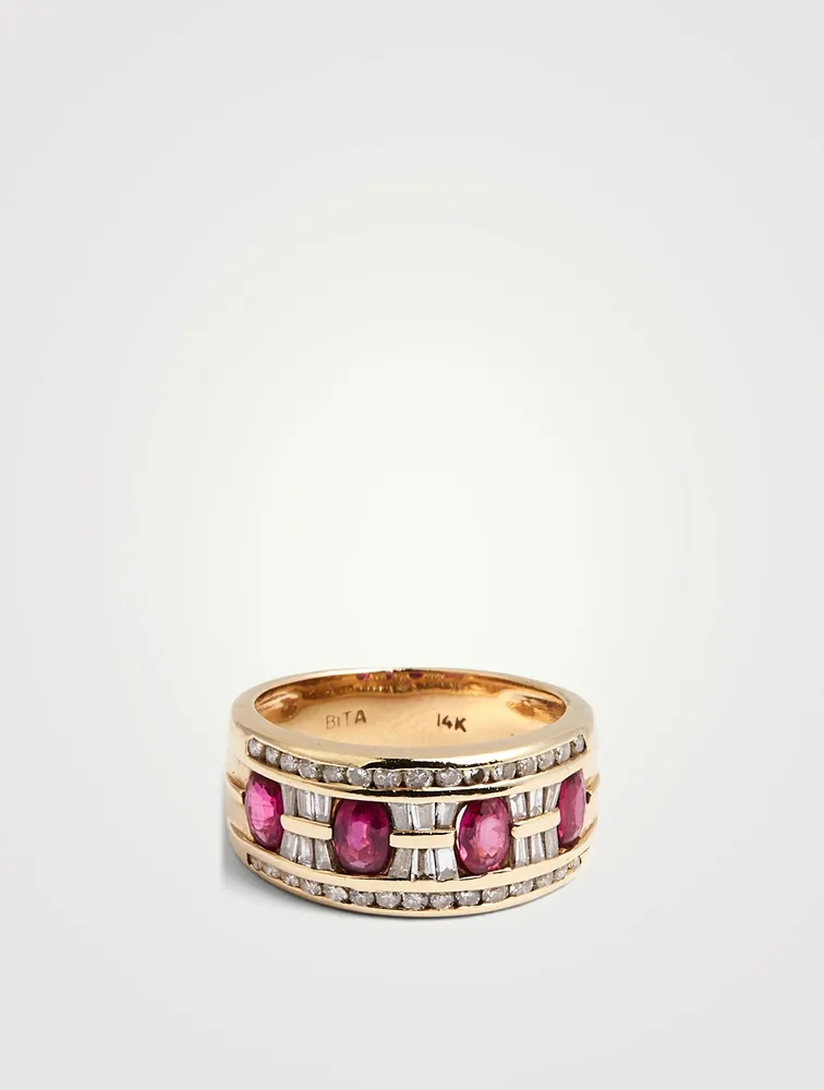 Vintage 14K Gold Wide Band Ring With Ruby And Diamonds