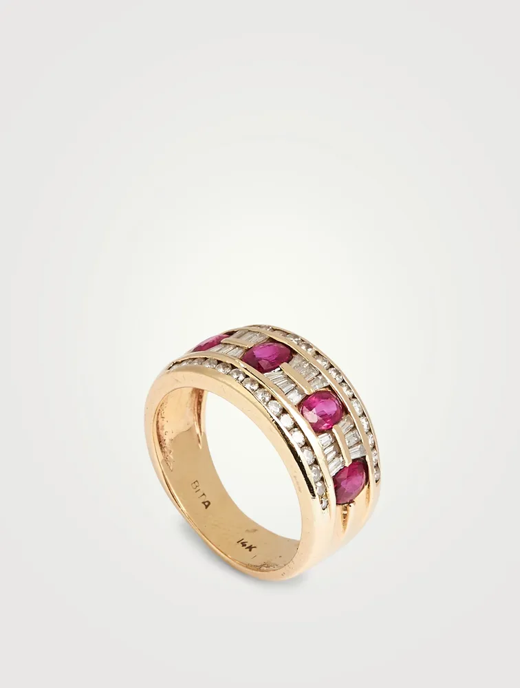 Vintage 14K Gold Wide Band Ring With Ruby And Diamonds