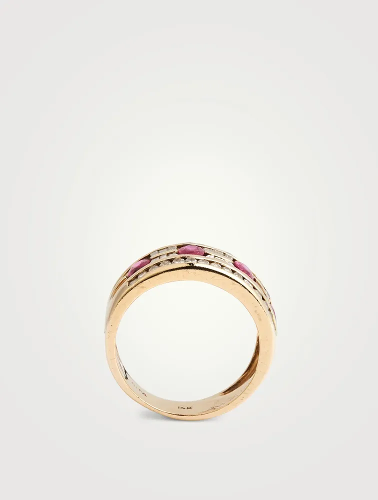 Vintage 14K Gold Wide Band Ring With Ruby And Diamonds