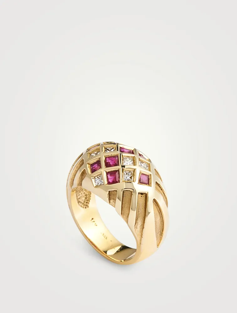 Vintage 14K Gold Bombé Dome Ring With Ruby And Diamonds