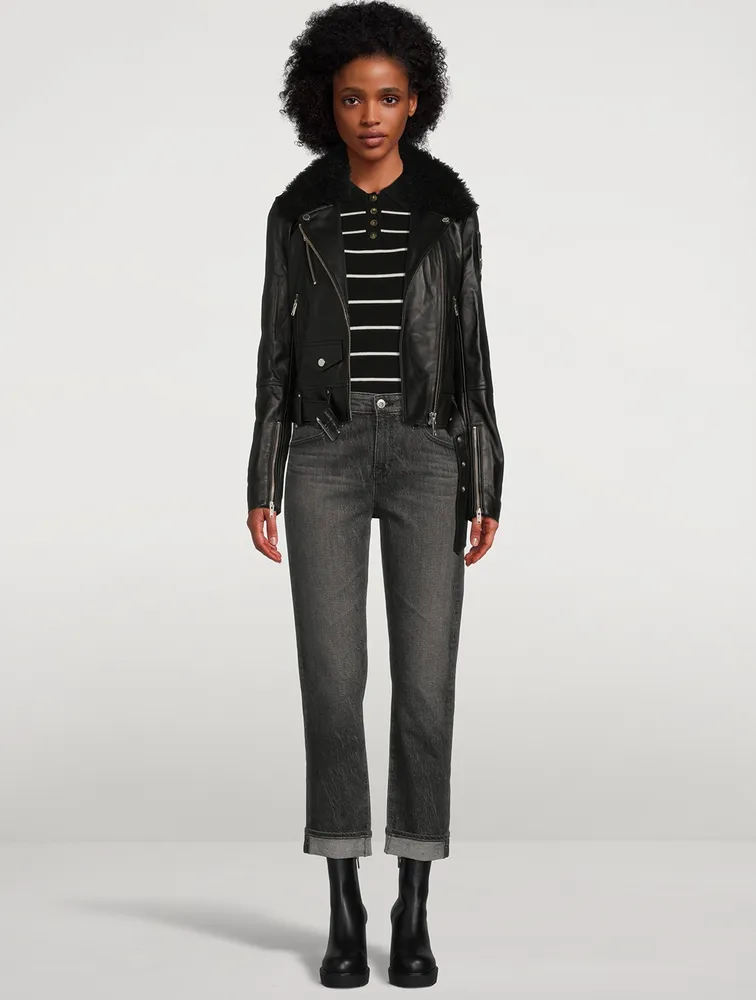 Wildhay Leather Moto Jacket With Shearling Trim