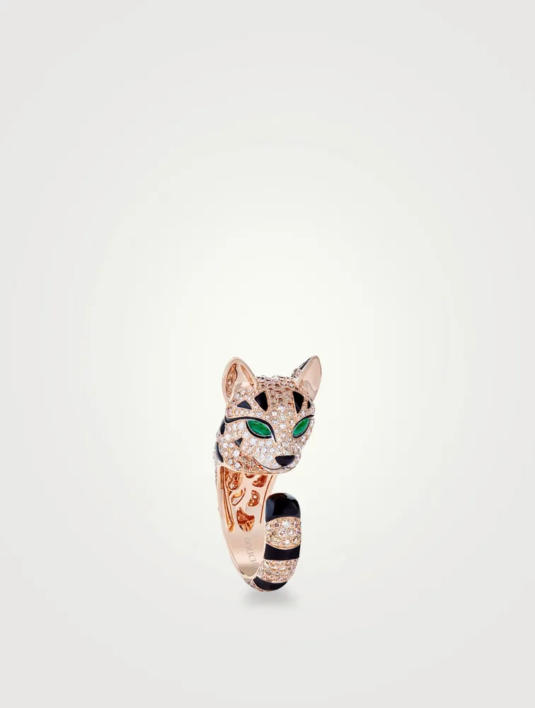 Fuzzy The Leopard Cat Rose Gold Ring With Emeralds and Diamonds