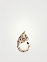 Fuzzy The Leopard Cat Rose Gold Ring With Emeralds and Diamonds