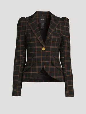 Pouf-Sleeve Blazer Check Print