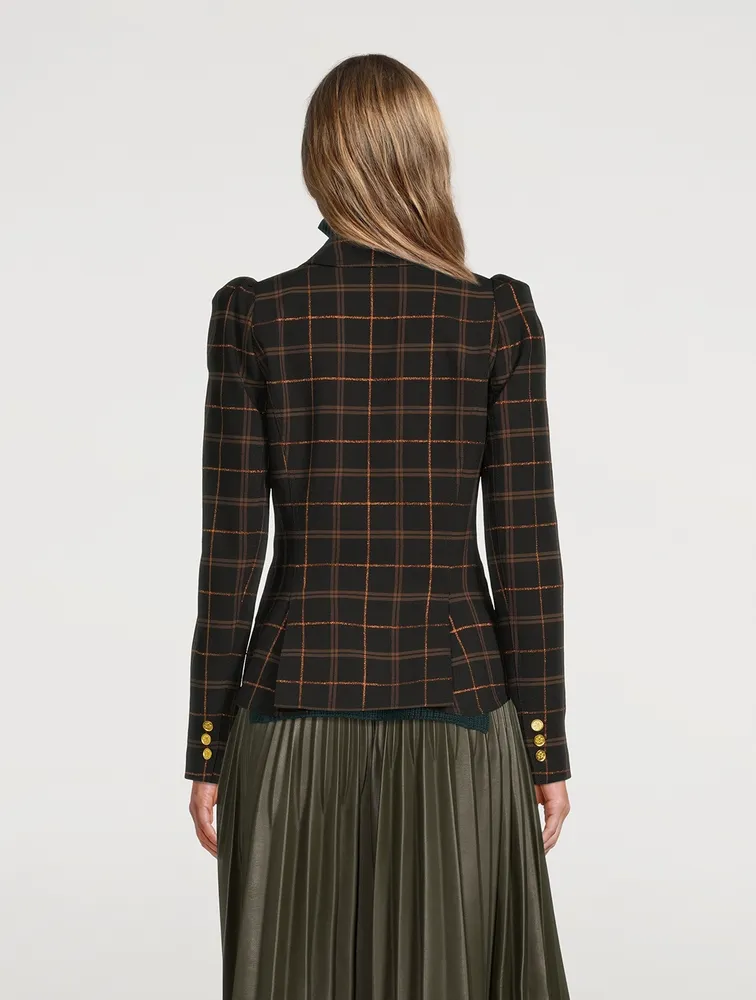 Pouf-Sleeve Blazer Check Print