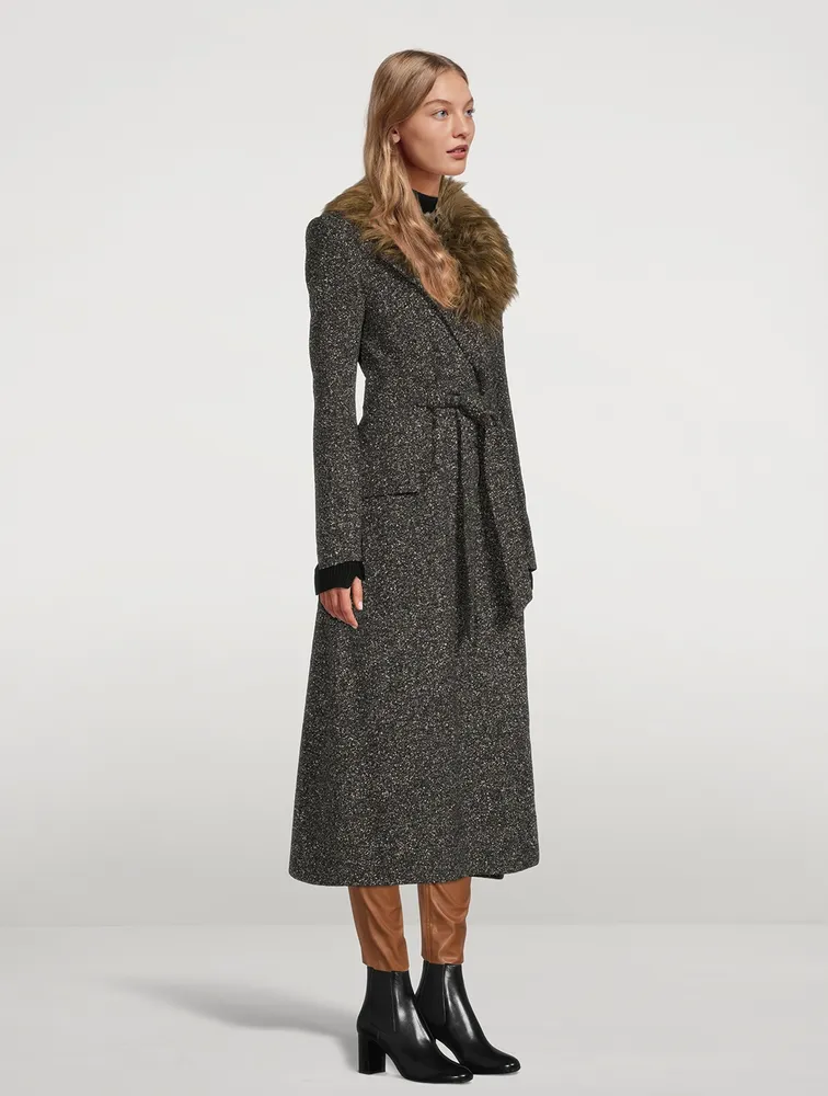 Belt Coat With Detachable Faux Fur Collar