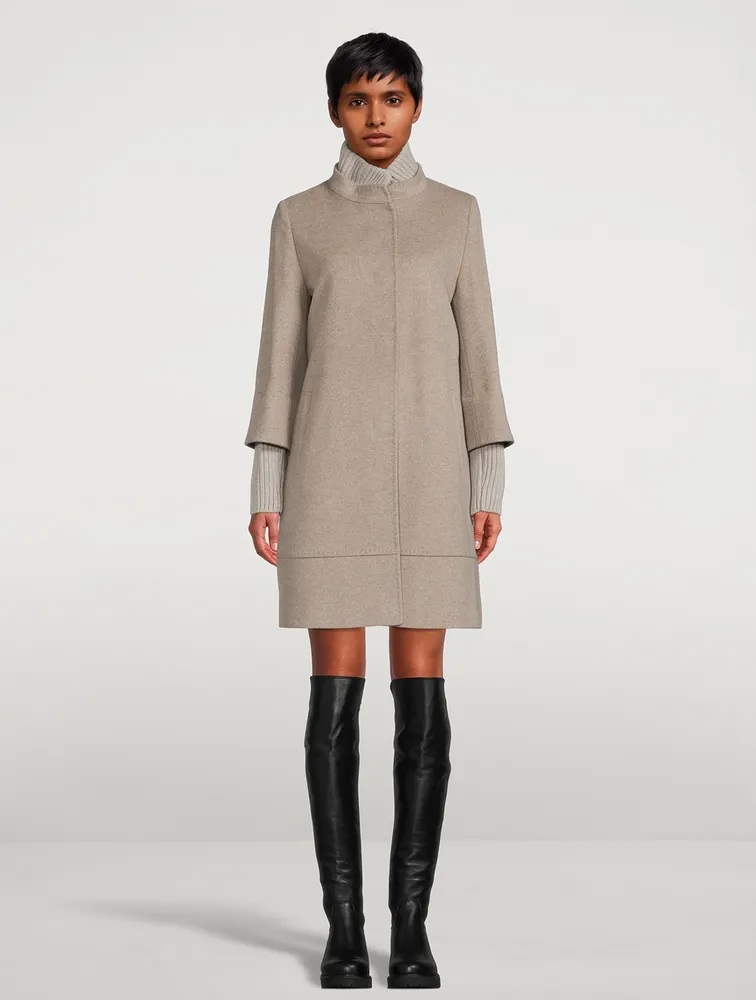 Wool Coat With Knitted Neck & Sleeves