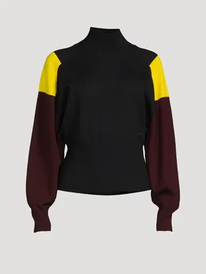 Colourblock Merino Wool Blouson-Sleeve Sweater