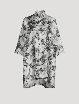 Silk Long A-Line Shirt Rose Print