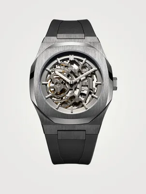 Skeleton Stainless Steel Rubber Strap Watch