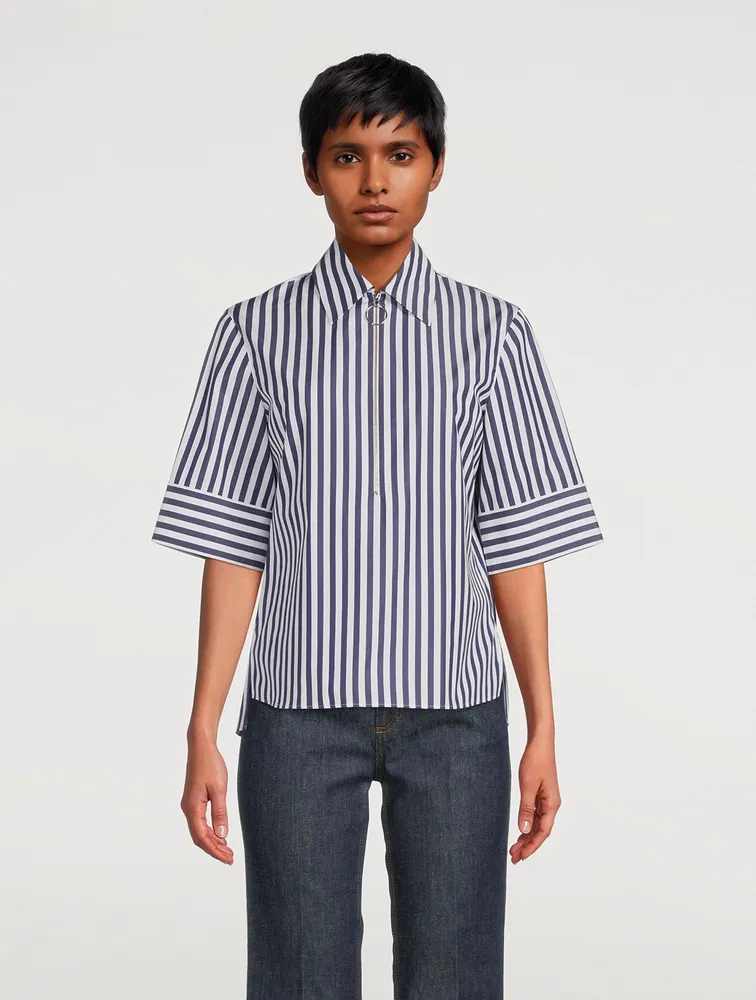 Zip-Front Cotton Shirt Stripe Print