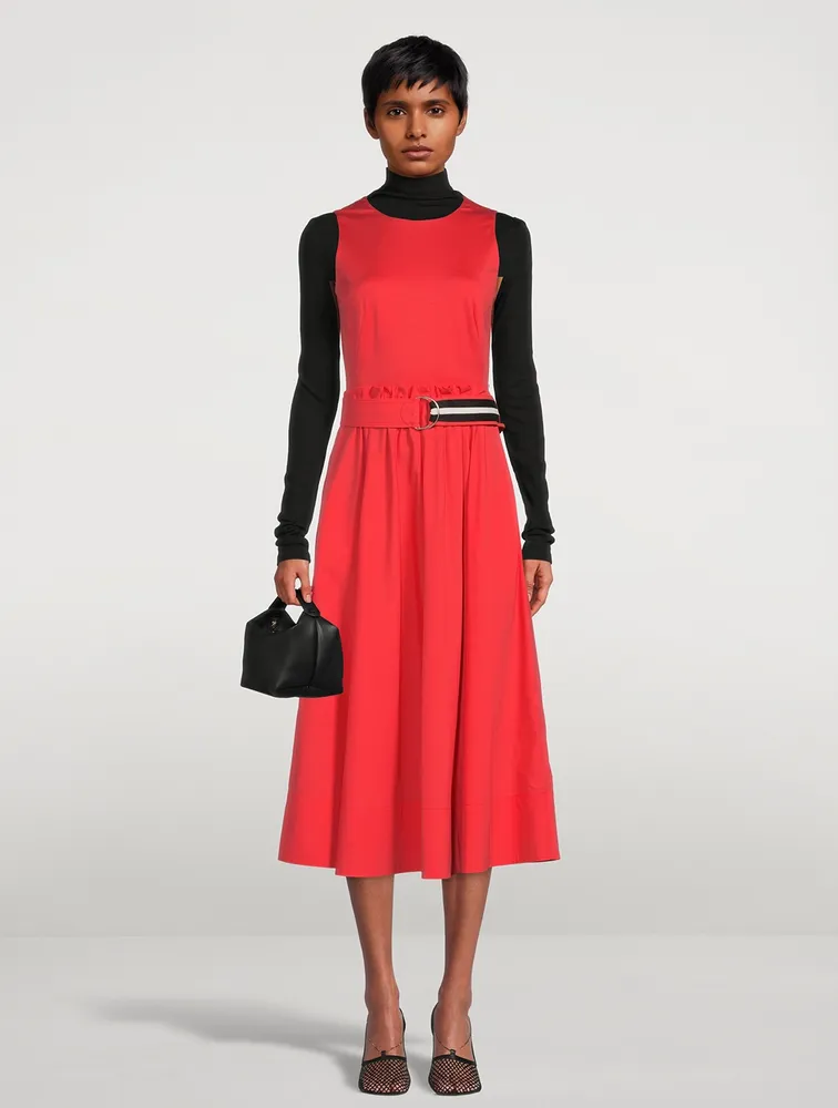 Mixed-Media Belted Midi Dress